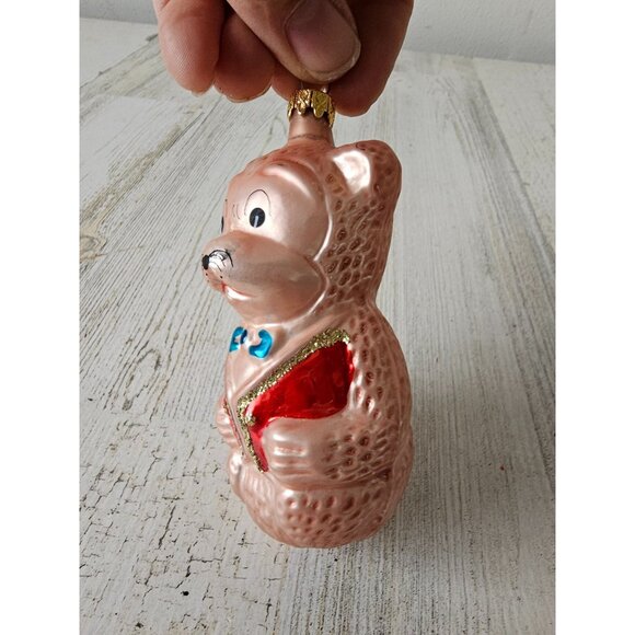 Vintage Columbia Glass Bear Mercury ornament glitter pink Xmas tree circus - Picture 2 of 8